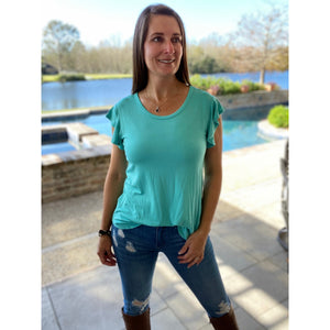 “Butterfly Kisses” Short Flutter Sleeve Round Neck Bottom Top Mint S/M/L