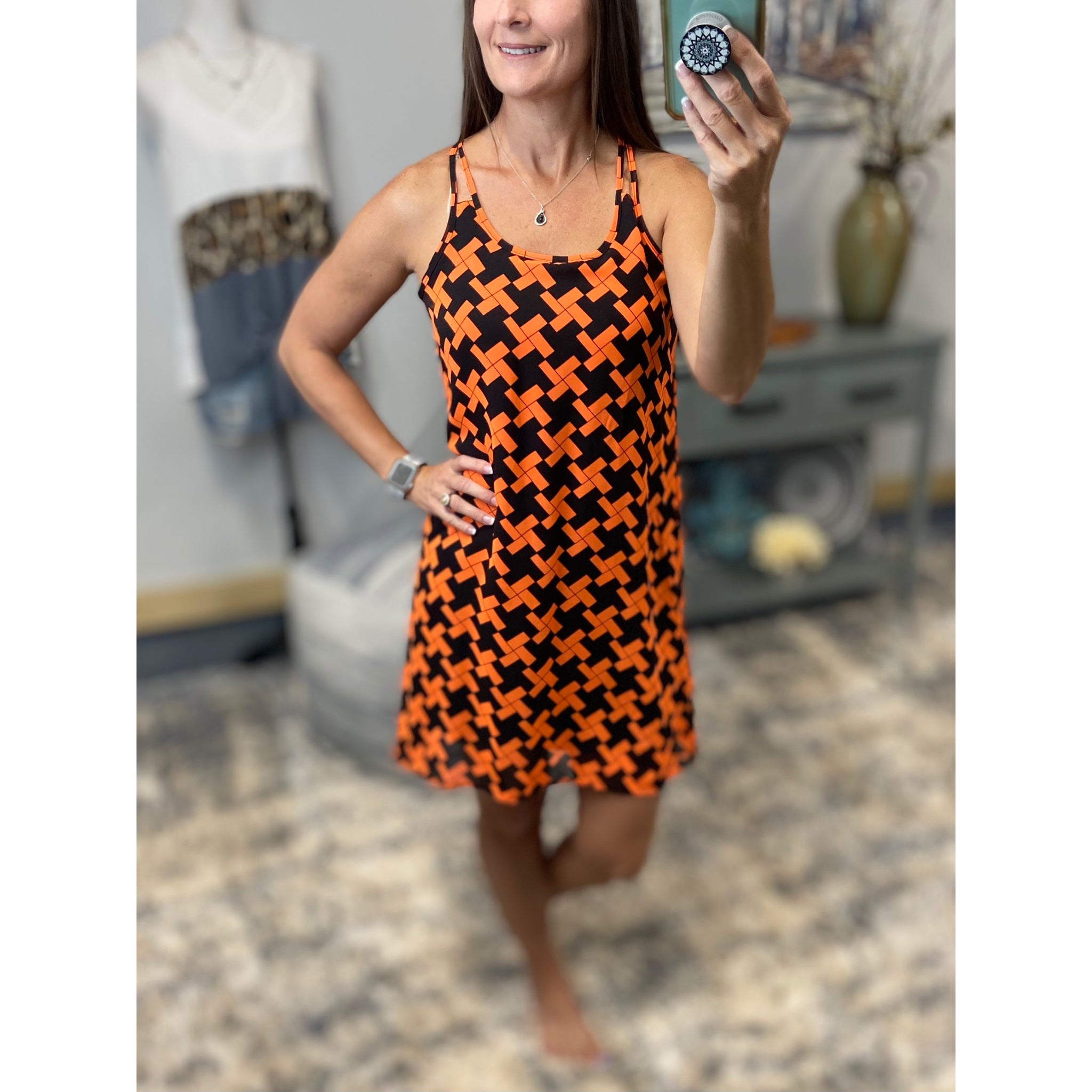 "My Way" Chiffon Double Strap Racerback Sheer Overlay Dress Geometric Orange Navy S/M/L