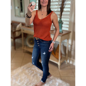 “Spring Fling” Sexy Low Double V Neck Back Sleeveless Dressy Sweater Tank Rust