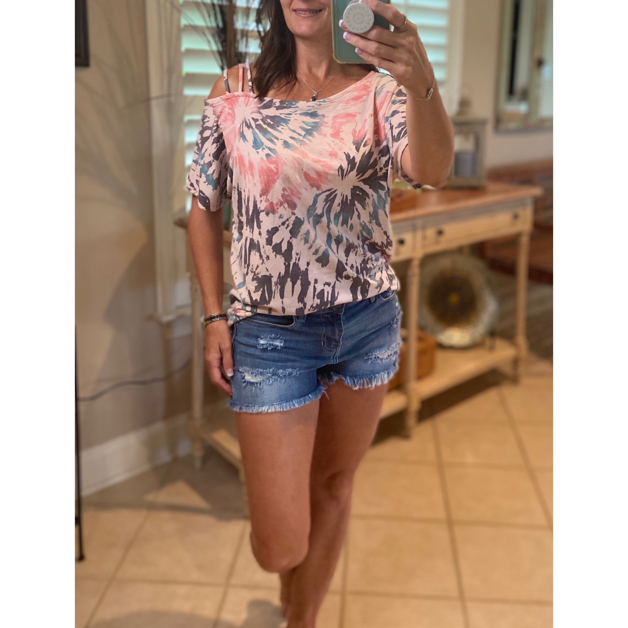 “Three’s a Crowd” Multi Tie Dye Off Strappy Cold Shoulder French Terry Sleeve Top S/M/L/XL