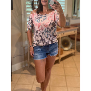 “Three’s a Crowd” Multi Tie Dye Off Strappy Cold Shoulder French Terry Sleeve Top S/M/L/XL