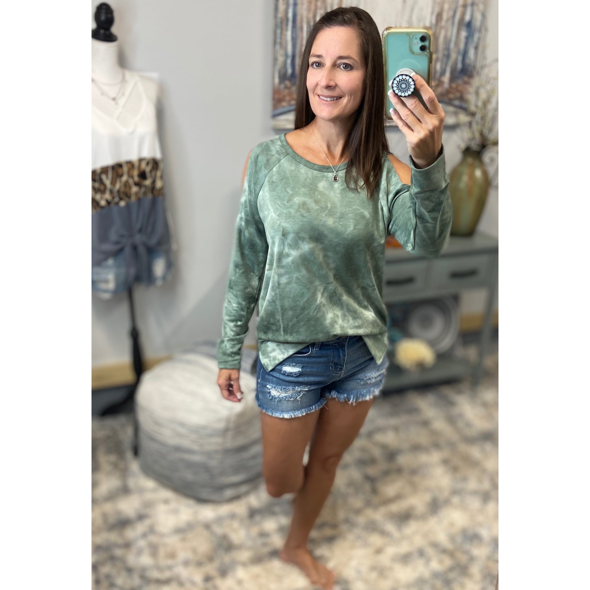 “Never Better” Tie Dye French Terry Cold Shoulder Long Sleeve Round Neck Split Side Top Green