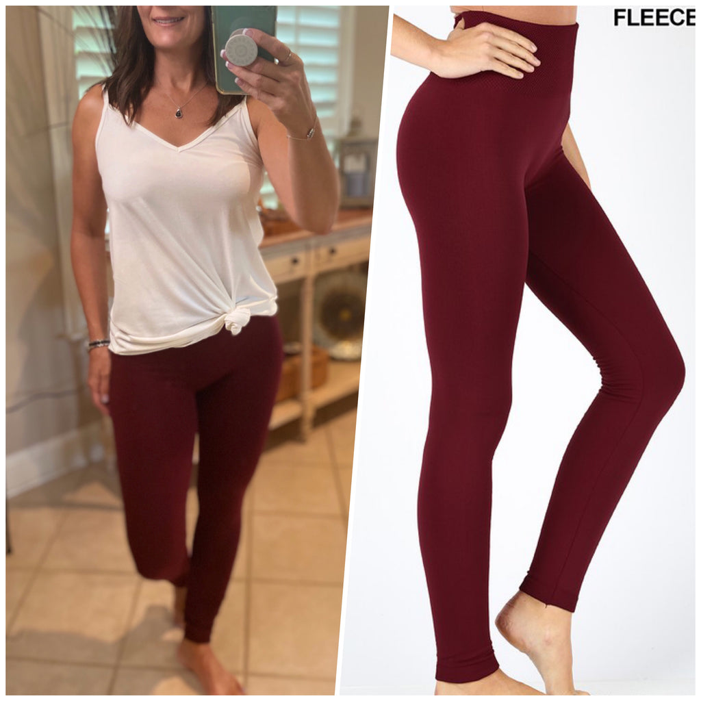 "Cozy Days" Thick Fleece Ribbed Waistband Leggings Stretch Yoga Lounge Pants Burgundy