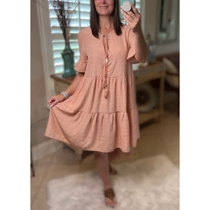 “Summer Breeze” Boho Tiered Striped V-Neck Tassel Ruffle Sleeve Babydoll Chic Dress Peach S/M/L/XL