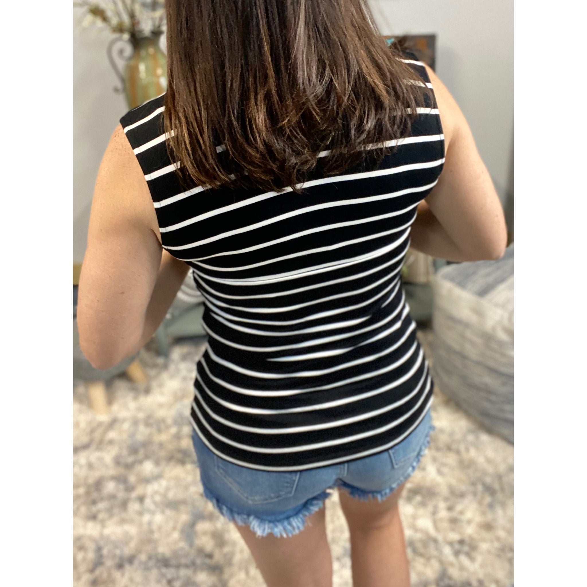 Striped Low Cut Cleavage Empire Faux Wrap Summer Tank Top Black S/M/L
