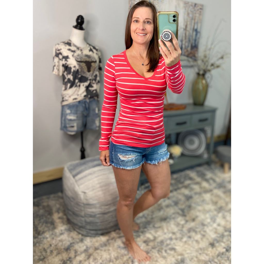 "Follow Me" Nautical Striped Preppy Stretch V-Neck Low Cut L/S Shirt Bright Coral White
