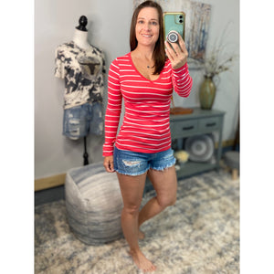 "Follow Me" Nautical Striped Preppy Stretch V-Neck Low Cut L/S Shirt Bright Coral White S/M/L