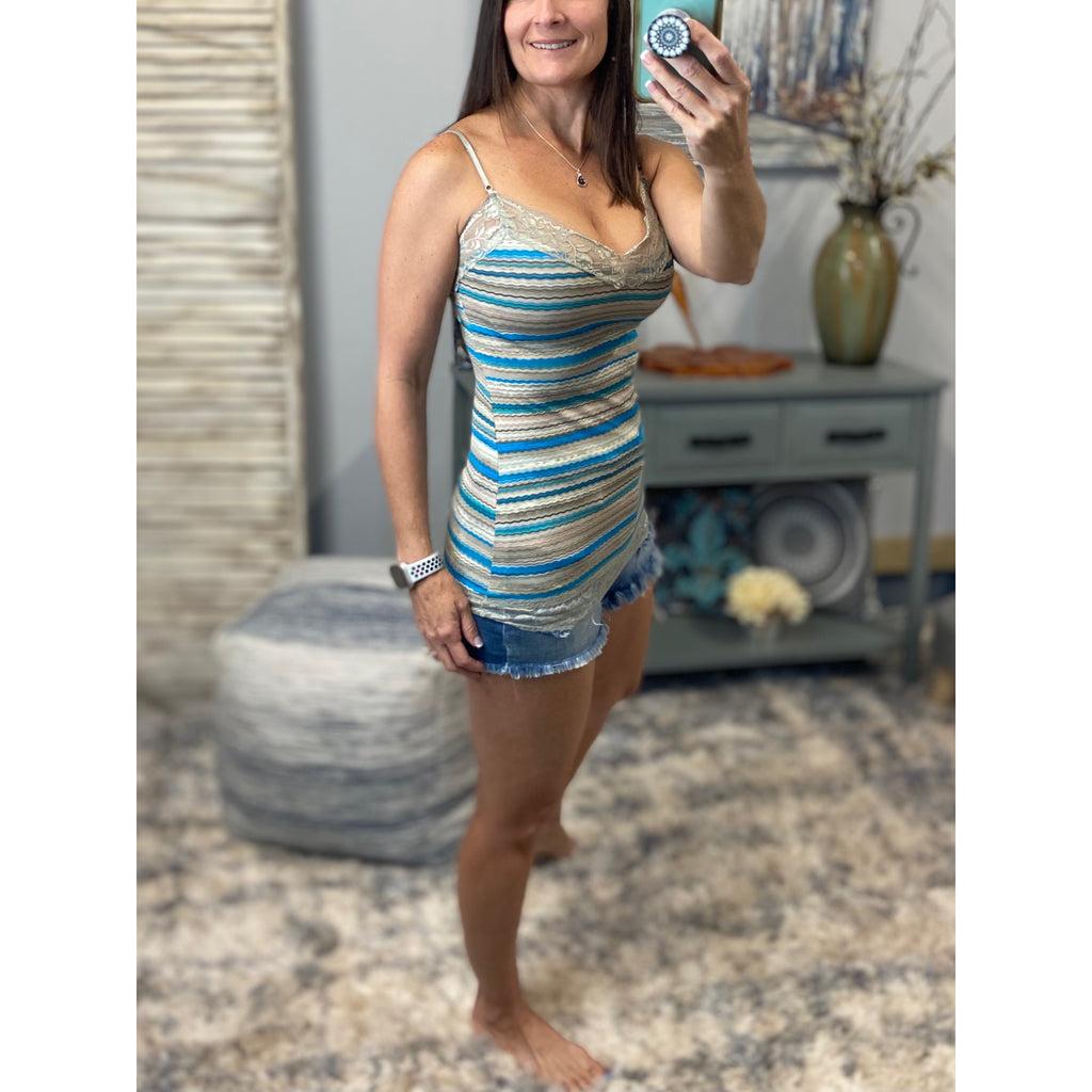 Striped Low Cut Cleavage Retro Lace Summer Tank Cami Top Tunic Gray