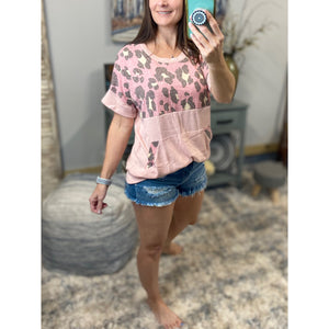 "I'm Making Moves" Leopard Color Block Scoop Neck Ribbed Kangaroo Pocket Pink S/M/L/XL