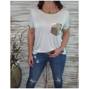 Very Sexy Sequined Neck Sleeves Pocket Scoop Neck Top Shirt Tee White S/M/L
