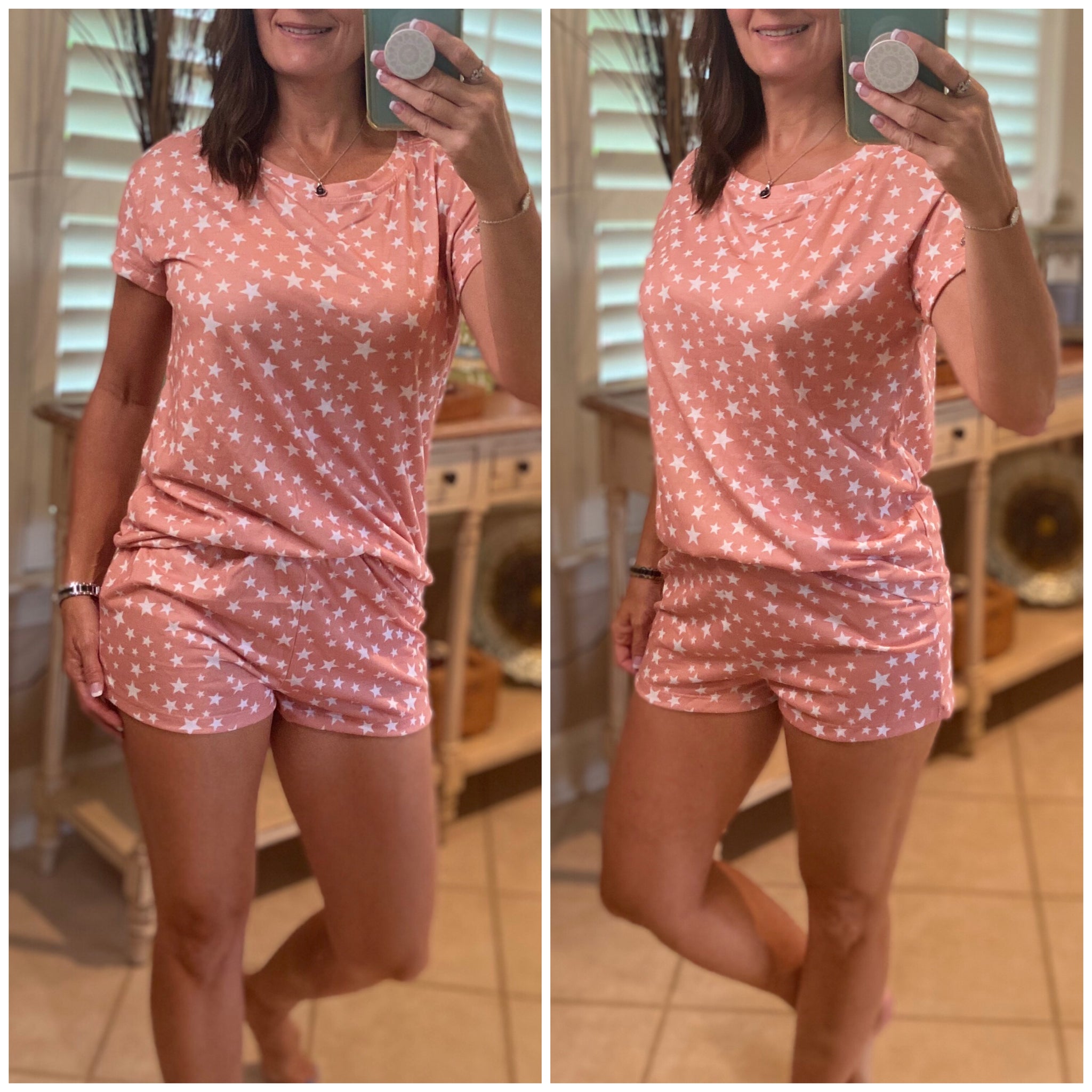 “Starry Starry Night” Star Print Pajama Set Lounge Top Bottom Shorts Pocket Short Sleeve PJ Pink