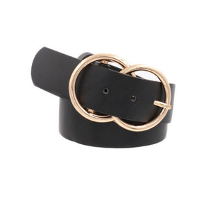 Double Ring Metal Buckle Faux Leather Belt Black Gold
