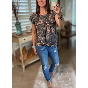“I’m Still A Girl” Camouflage Gathered Chest Short Ruffle Sleeve Top Green S/M/L/XL