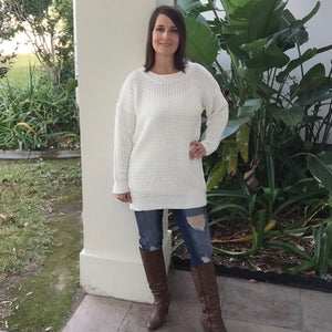 Oversized Chunky Waffle Round Neck Tunic Heavy Sweater Long Sleeve Top Ivory