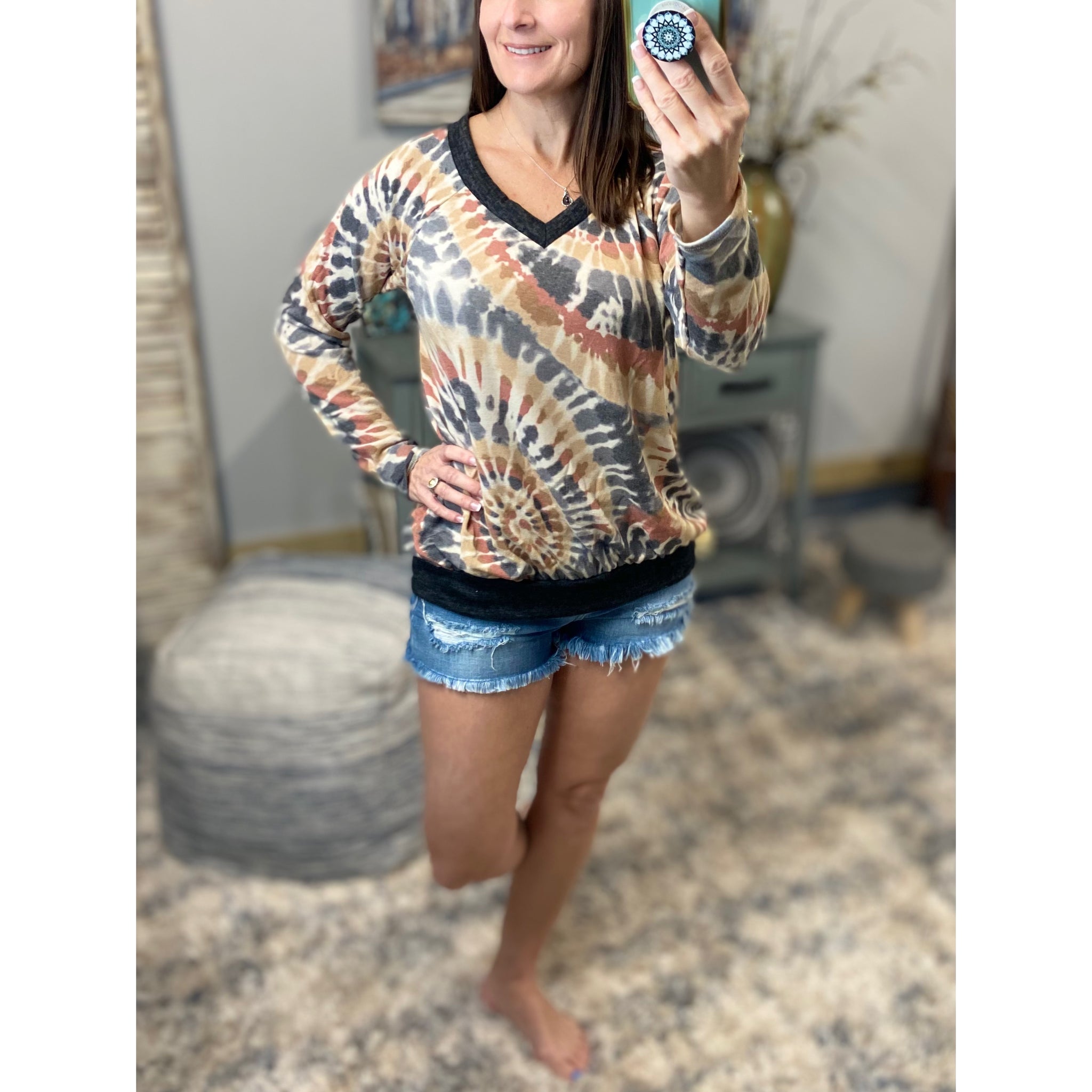 “When I Come Around” Swirl Tie Dye French Terry Long Sleeve V-Neck Banded Bottom Top Multi