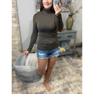 "Coming Out of My Shell" Mock Turtle High Ruched Neck Long Sleeve Soft Stretchy Dark Olive S/M/L/XL