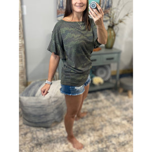 Camouflage Boat Neck Ribbed Short Ruffle Sleeve Top Green S/M/L