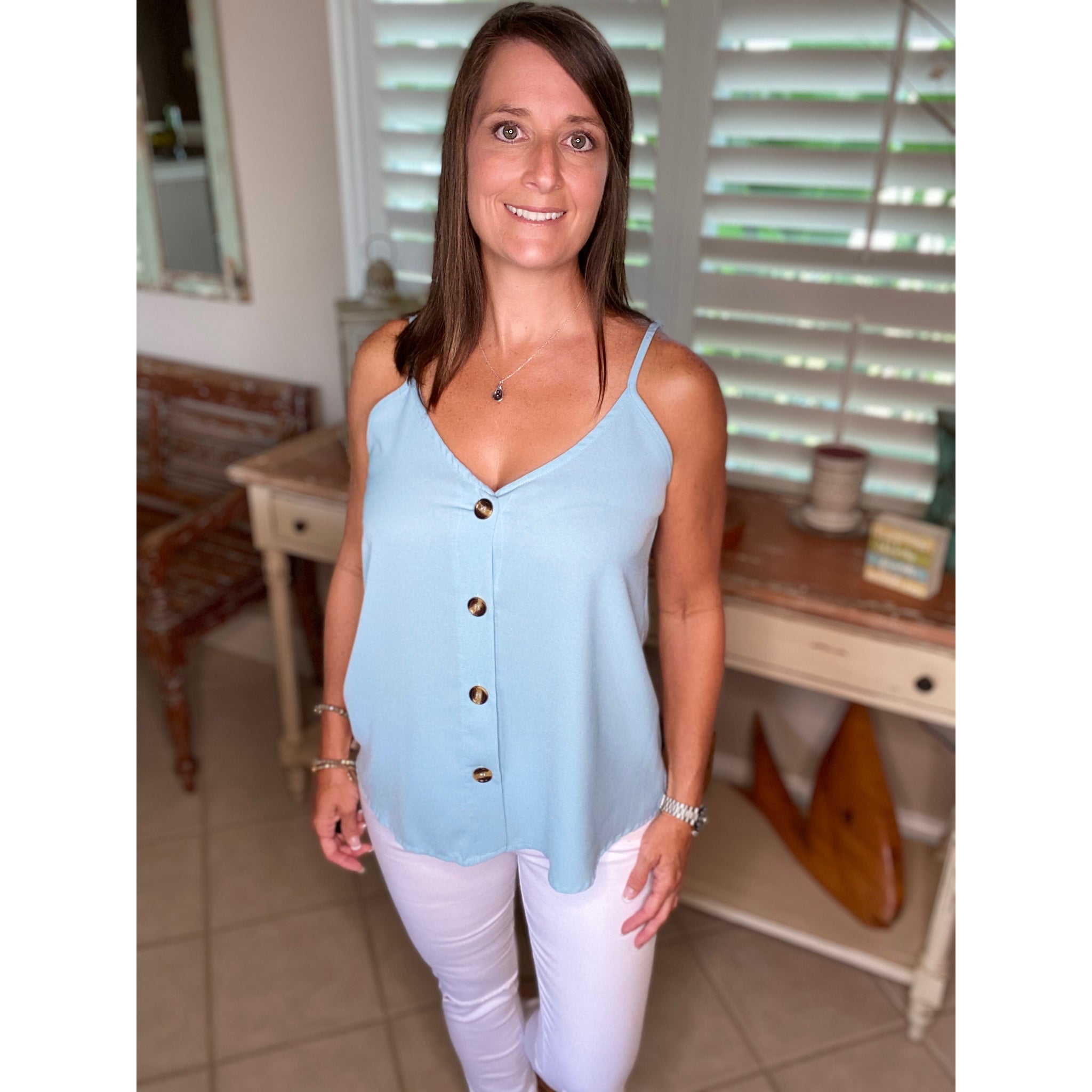 “Simply Perfect” V-Neck Button Up Floaty Spaghetti Strap Summer Tank Top Blue S/M/L/XL