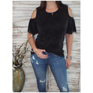 Sexy Scoop Neck Bell Sleeve Cold Shoulder Cutout Top Mineral Wash Black