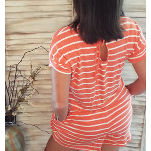 Striped Scoop Neck Short Cuff Sleeve Romper Shorts Pocket Orange