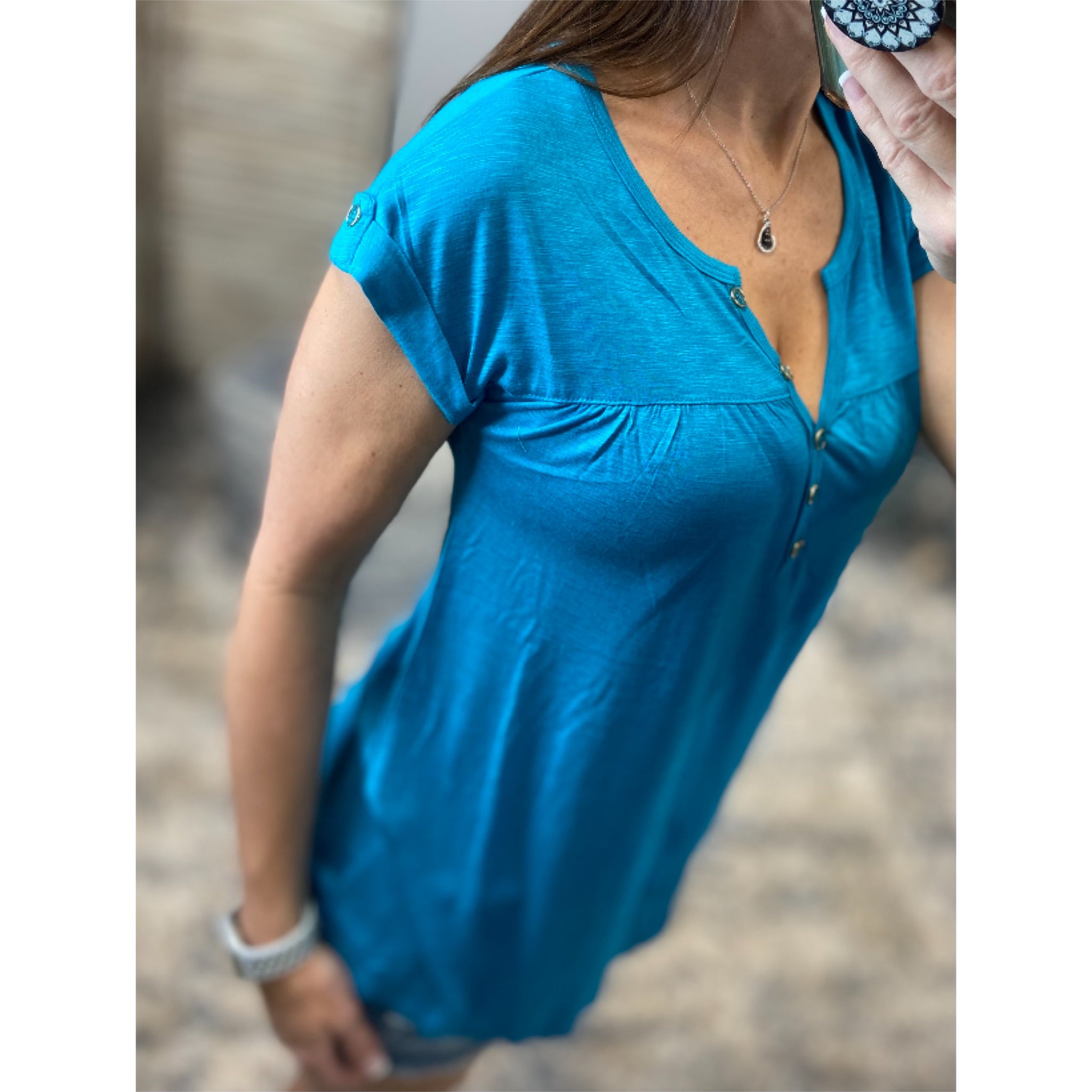 “Just Be You” Sheer Burnout Melange Tissue V-Neck Henley Tab Short Sleeve Shirt Tee Teal