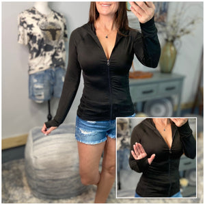 “Can’t Blame a Girl” Sexy Sporty Slimming Seamless Zipper Lightweight Hoodie Jacket Pockets Black S/M/L