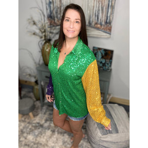 “The Krewe” Mardi Gras Sequined Color Block Balloon Sleeves Button Up Shacket Parade Purple Green & Gold
