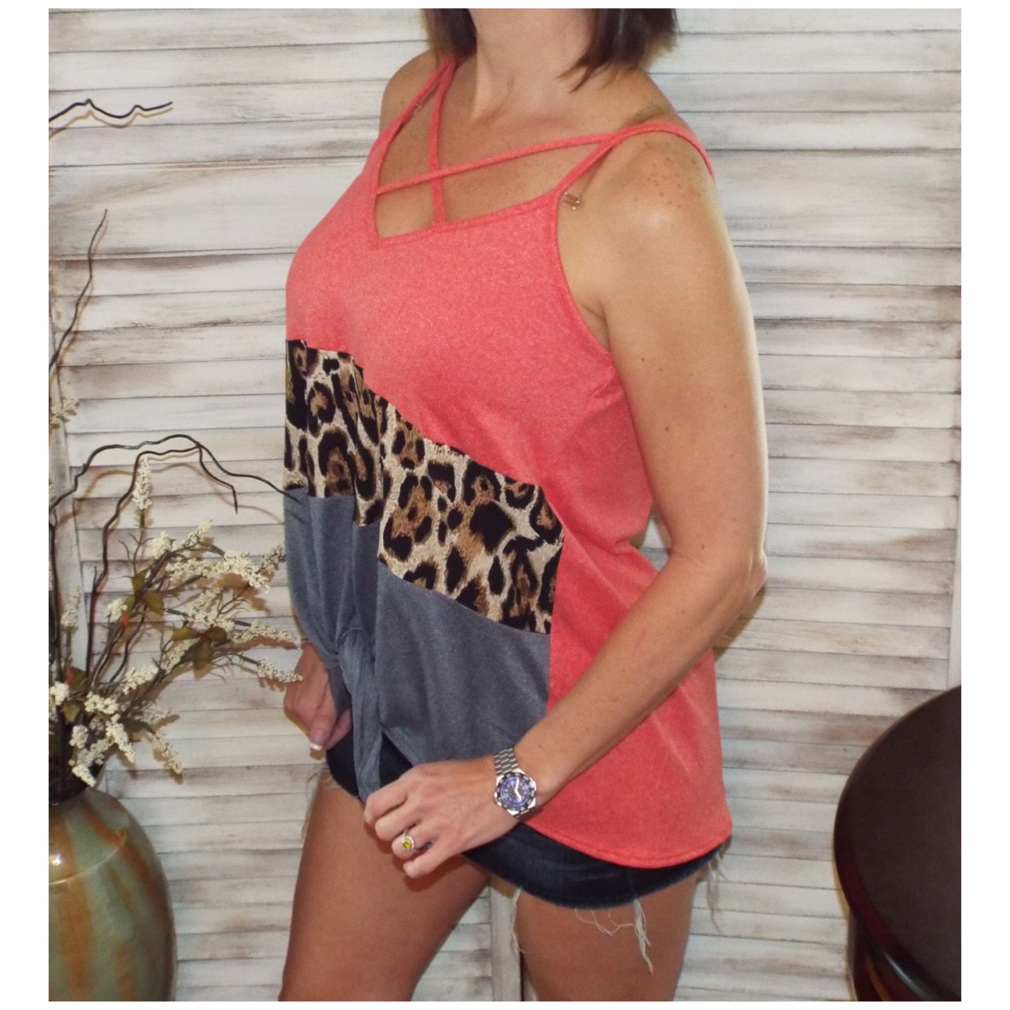 Sexy V-Neck Floaty Self Tie Animal Print Color Block Summer Tank Coral