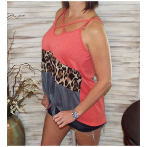 Sexy V-Neck Floaty Self Tie Animal Print Color Block Summer Tank Coral