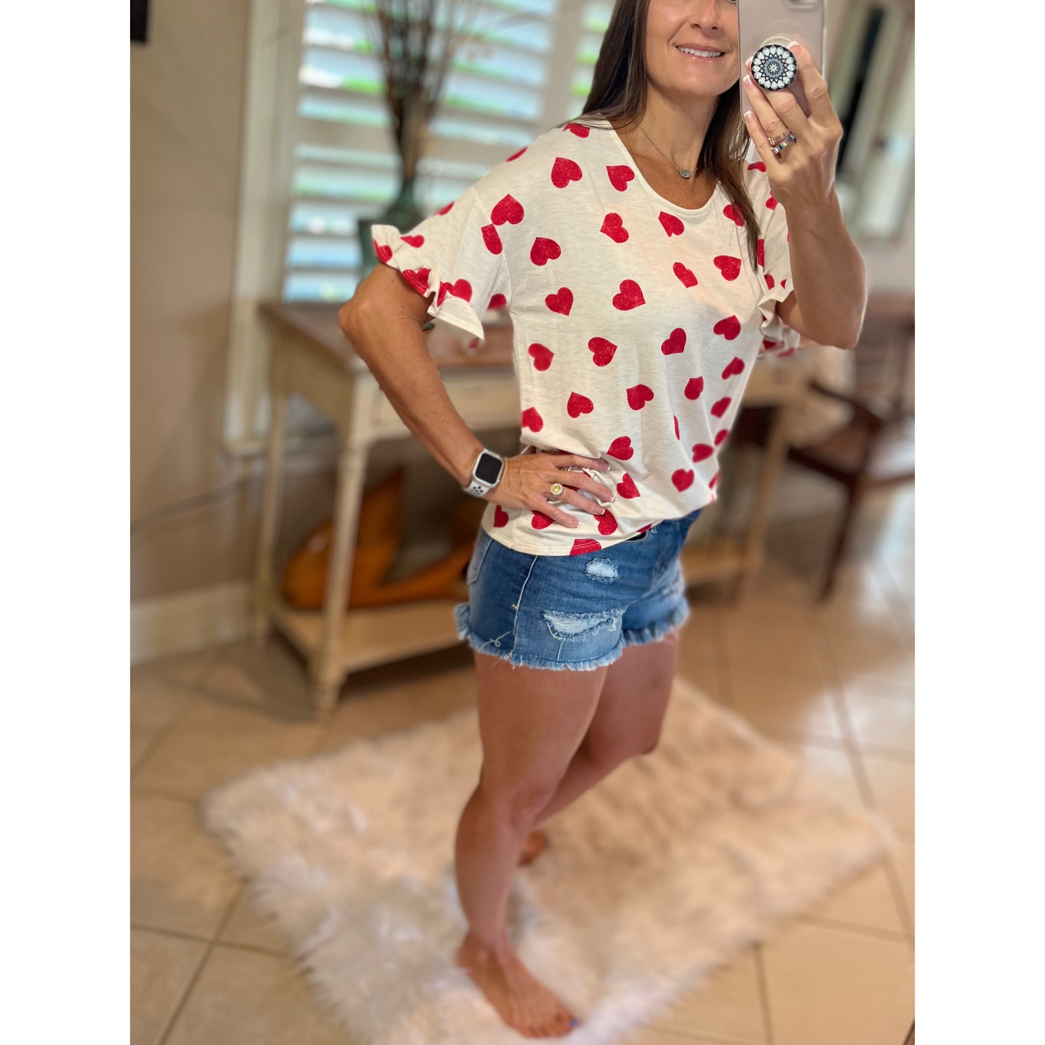 "Can't Buy Me Love" Heart Valentine Round Neck Short Ruffle Flutter Sleeve Top Red White