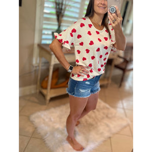 "Can't Buy Me Love" Heart Valentine Round Neck Short Ruffle Flutter Sleeve Top Red White