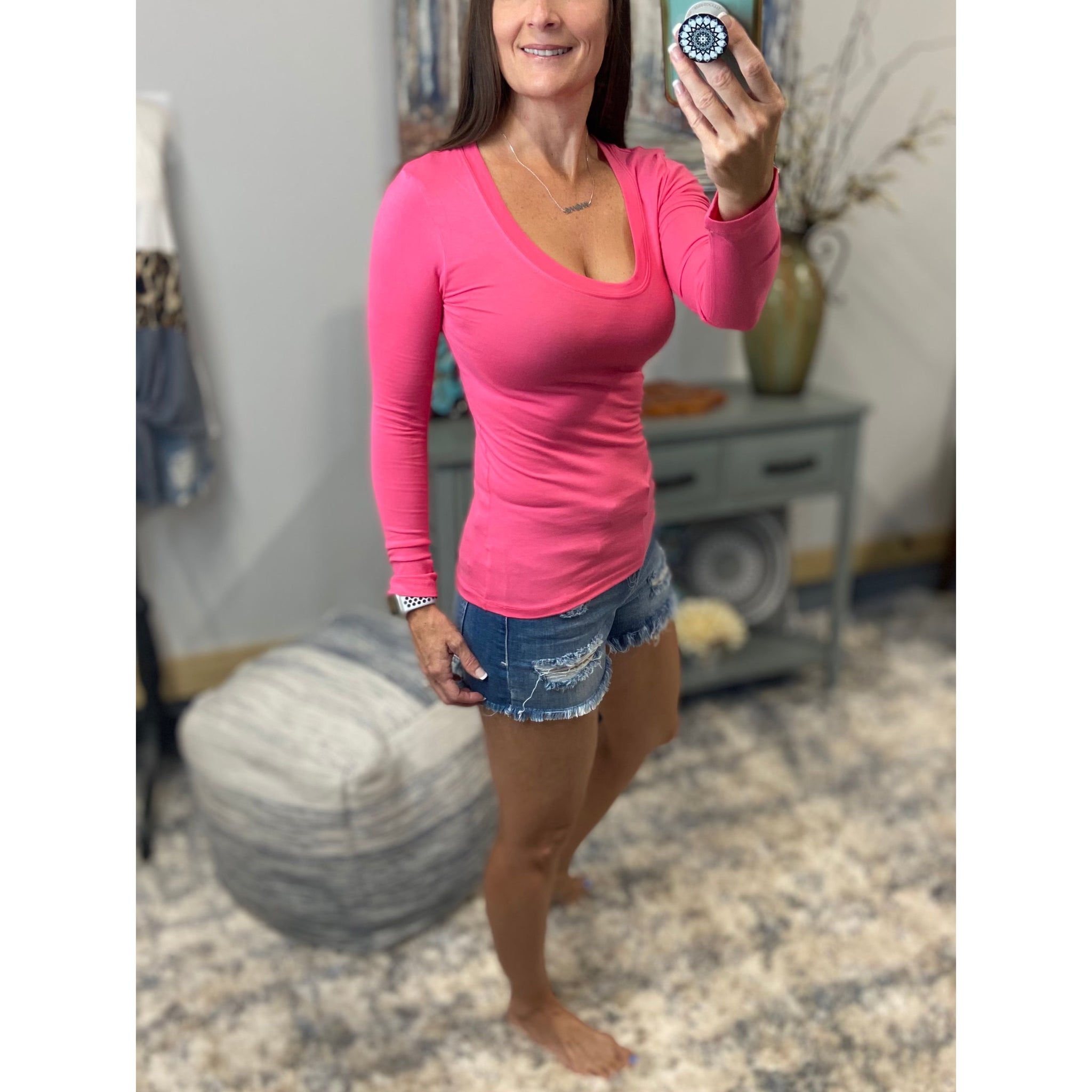 “Easygoing” Slimming Scoop Neck Low Cut L/S Tissue Basic Baby Shirt Top Pink S/M/L
