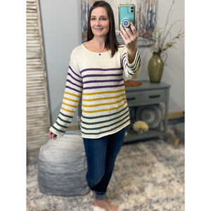 “Bacchus Bash” Mardi Gras Wide Neck Loose Striped Sweater Shirt Purple Green & Gold