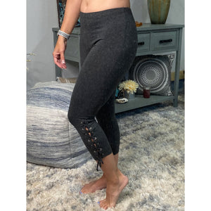 “Motivation” Lace Up Side Leggings Stretch Yoga Lounge Capri Pants Gym Workout Charcoal Gray S/M/L