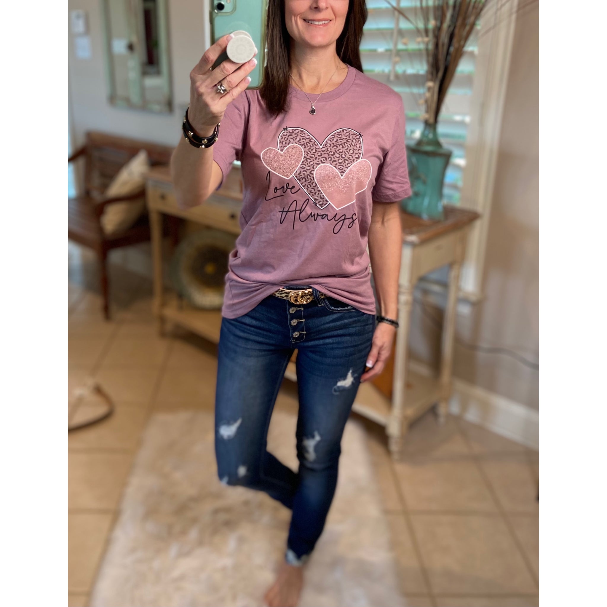 “Love Always” Leopard Hearts Valentine’s Day Boyfriend Baby Basic Tee Shirt Pink S/M/L/XL