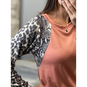 "Look Both Ways" Leopard Snake Contrast Pattern Long Raglan Sleeve Scoop Neck Light Mauve