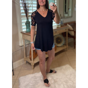 "All About The Lace" Lace Short Sleeve V-Neck Rounded Bottom Dressy Black S/M/L/XL