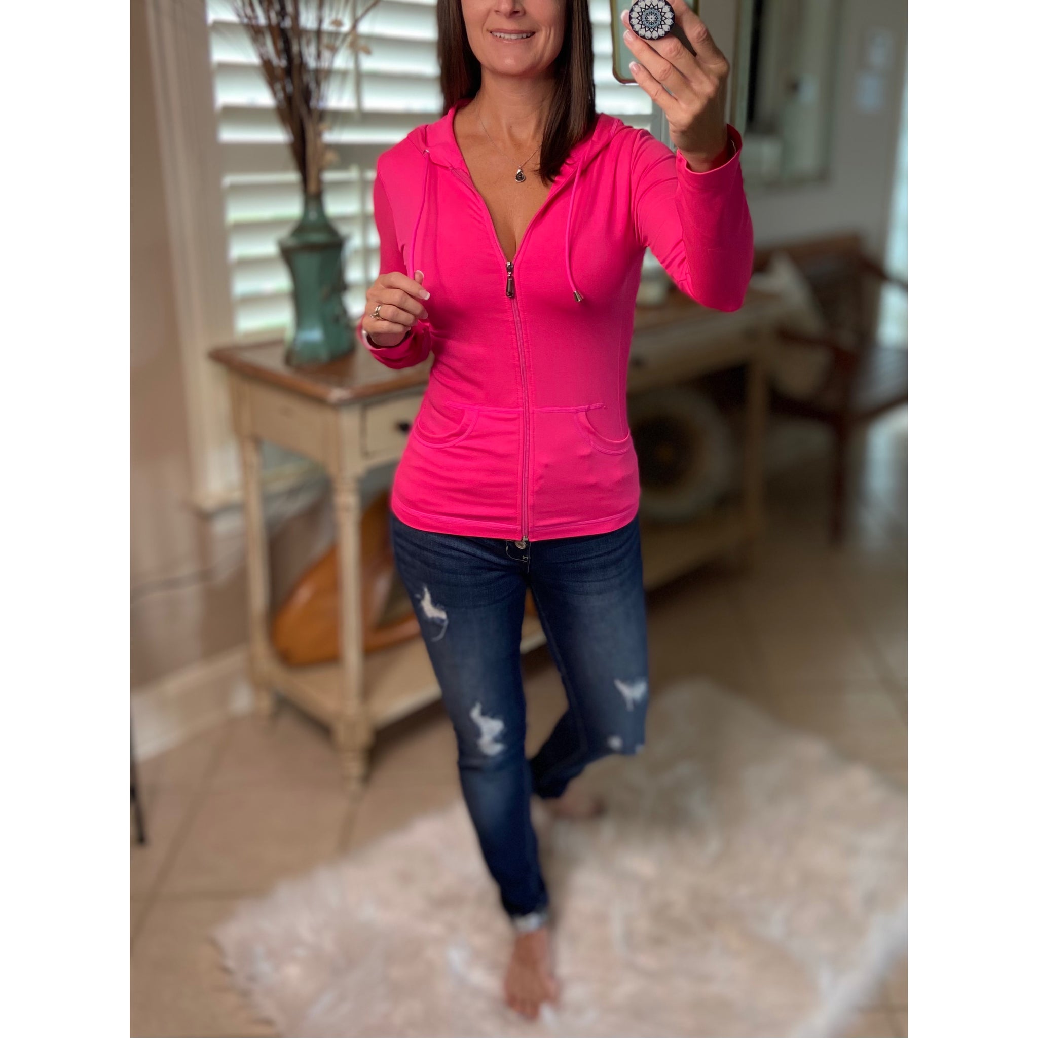 Sexy Sporty Slimming Seamless Zipper Lightweight Hoodie Jacket Pockets Neon Pink OS