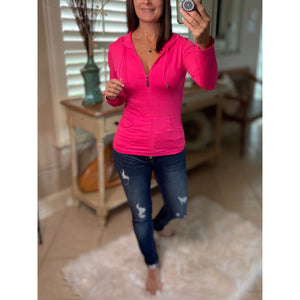 Sexy Sporty Slimming Seamless Zipper Lightweight Hoodie Jacket Pockets Neon Pink OS