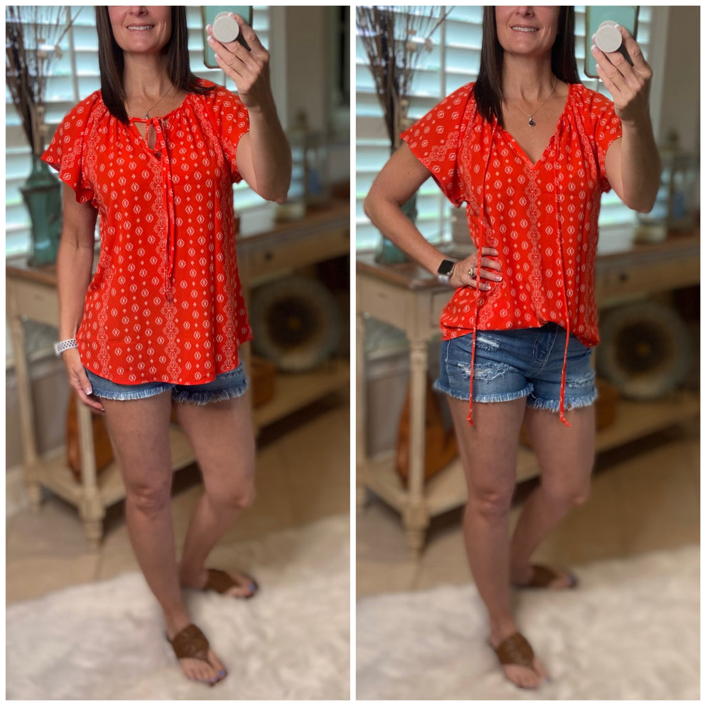 “Wildflower” Floral Dressy Self Tie Keyhole Short Sleeve Round Neck Top Red S/M/L/XL