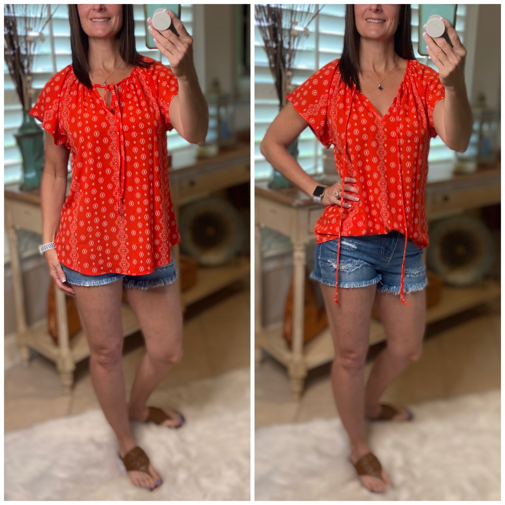 “Wildflower” Floral Dressy Self Tie Keyhole Short Sleeve Round Neck Lightweight Top Red