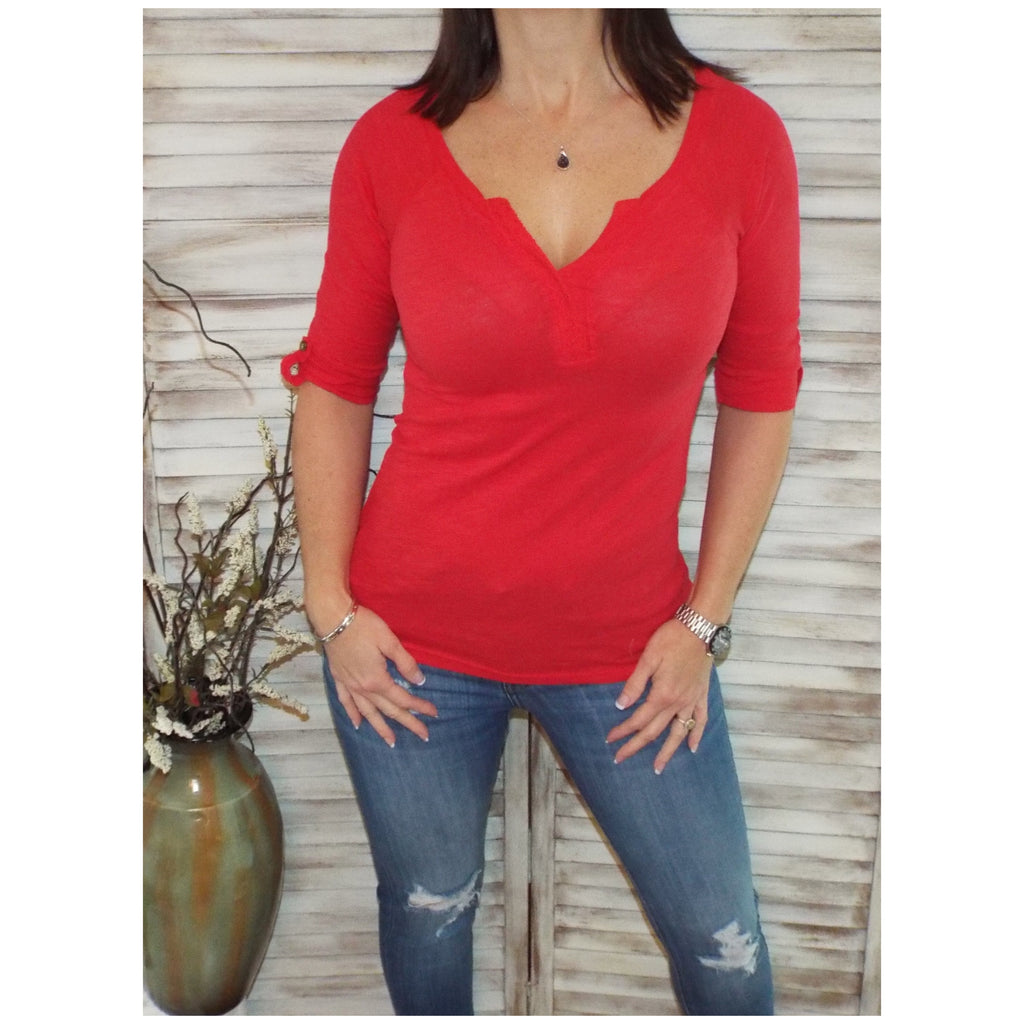 "Come Together" V-Neck Crochet Plunge Cleavage Military Melange 3/4 Cuff Sleeve Top Red