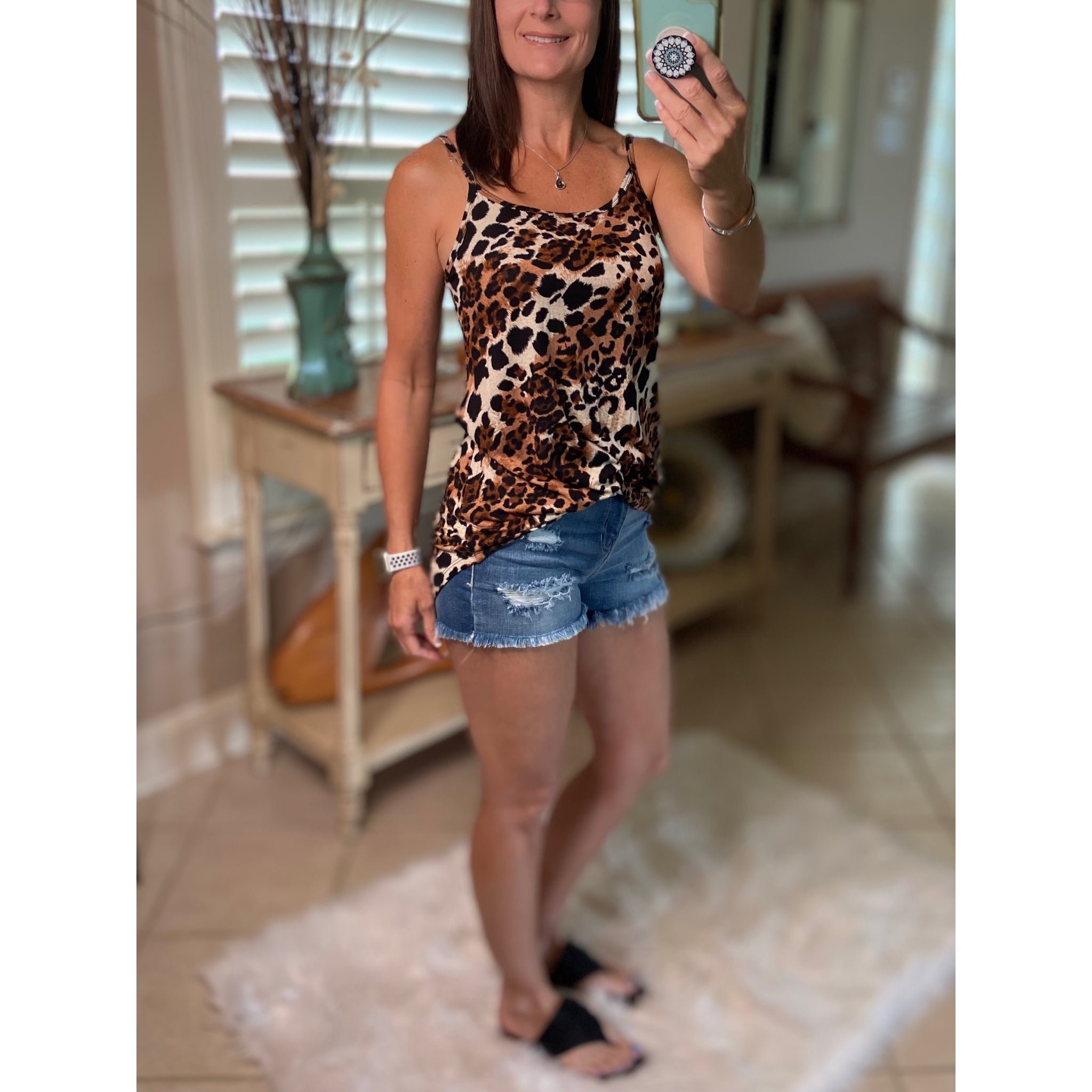 “Heat Wave” Reversible Leopard Low Scoop Or V Neck Spaghetti Strap Tank Top Brown