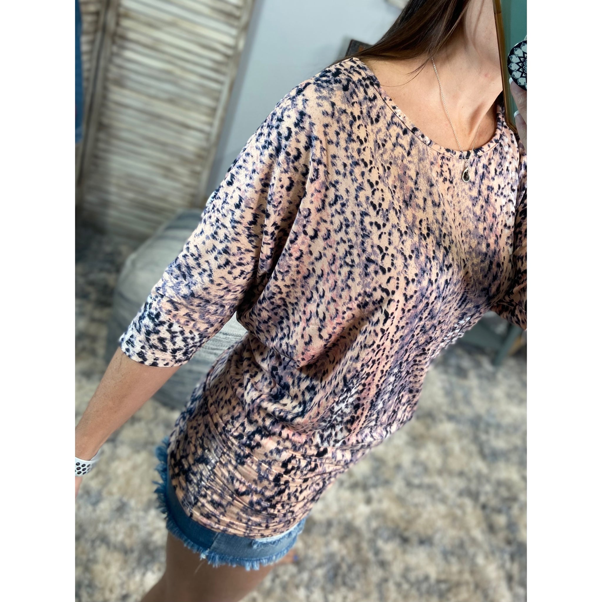 “Everybody Talks” Snake Dolman Tunic 3/4 Sleeve Ruching Detail Pink Top Dress S/M/L/XL