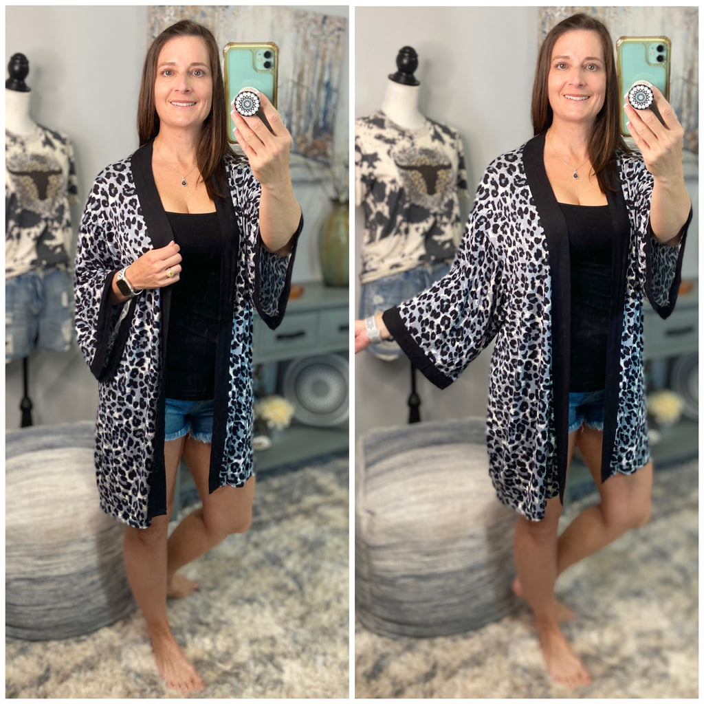 “Express Yourself” Leopard Contrast Trim Long Open Kimono Cardigan Beach Cover Up Wide Sleeve Gray