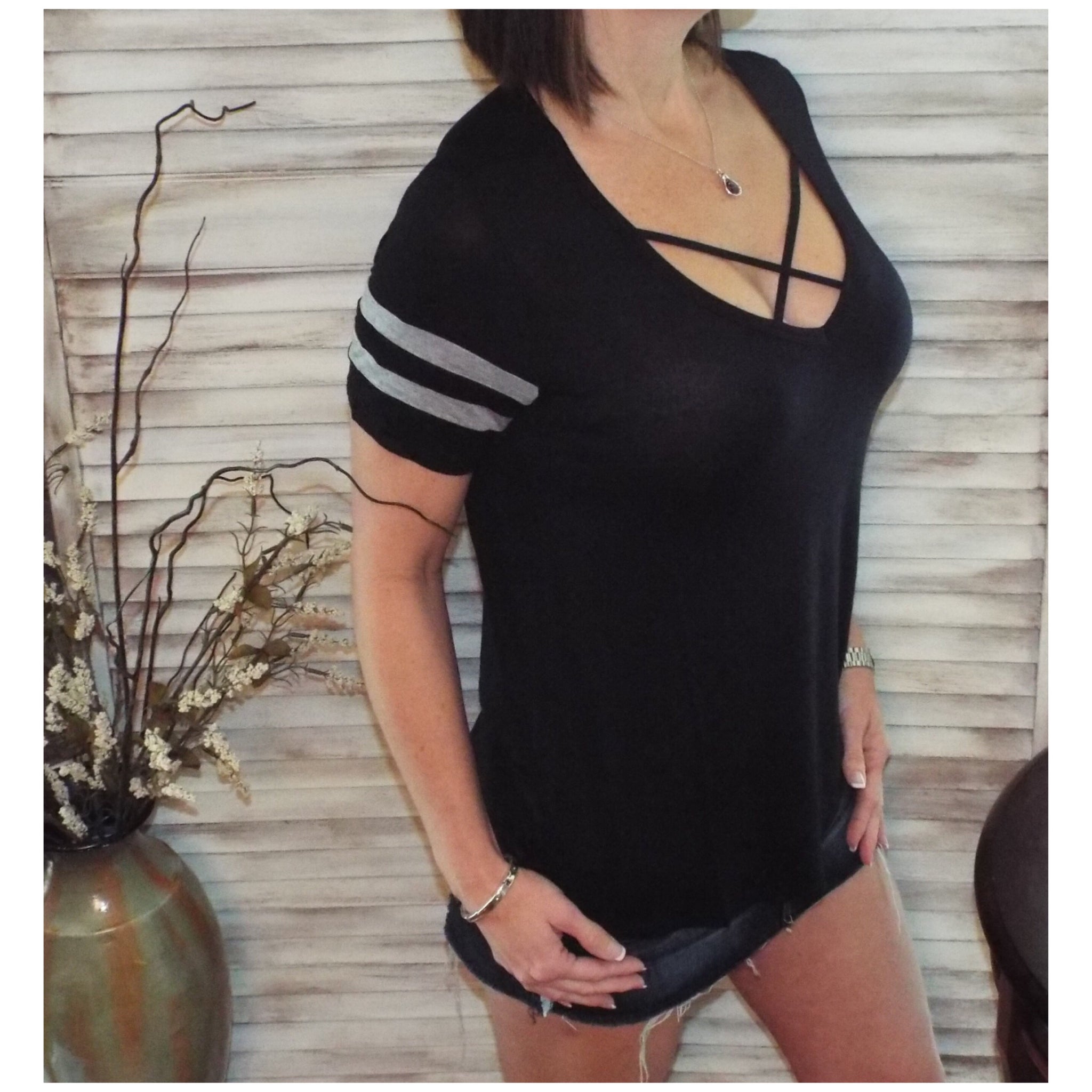 Sexy Sporty Striped Low Cleavage V-Neck Criss Cross Cutout Strappy Black S/M/L