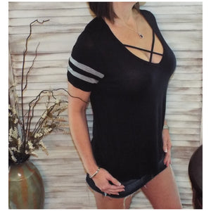 Sexy Sporty Striped Low Cleavage V-Neck Criss Cross Cutout Strappy Black S/M/L