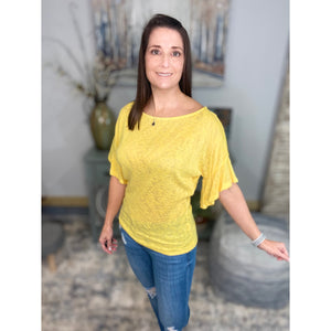 "Charmed Life" Boat Neck Short Ruffle Bell Dolman Sleeve Top Yellow