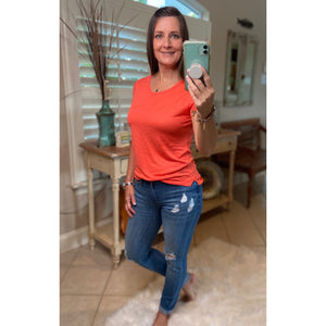 Very Sexy Sheer Burnout Melange Tissue Scoop Neck Top Shirt Tee Orange S/M/L