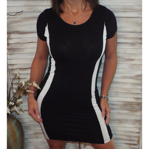 Sporty Bodycon Scoop Neck Short Sleeve Contrast Stripe Stretch Dress Black